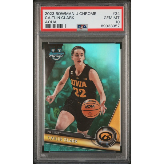 A graded 2023 Bowman U Chrome Caitlin Clark Aqua basketball card in PSA holder