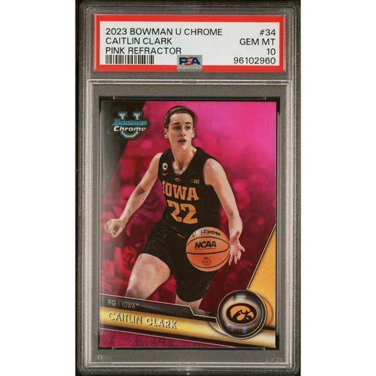 PSA graded Caitlin Clark Bowman Chrome Pink Refractor basketball card on display