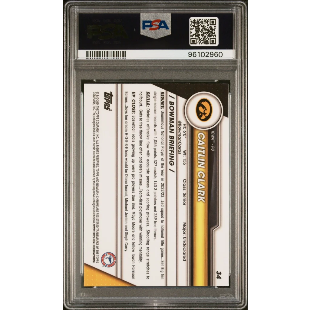 PSA Graded Caitlin Clark Bowman Chrome Pink Refractor basketball trading card