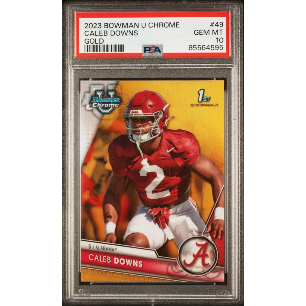 PSA graded Caleb Downs 2023 Bowman U Chrome Gold football card for collectors
