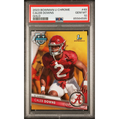 PSA graded Caleb Downs 2023 Bowman U Chrome Gold football card for collectors