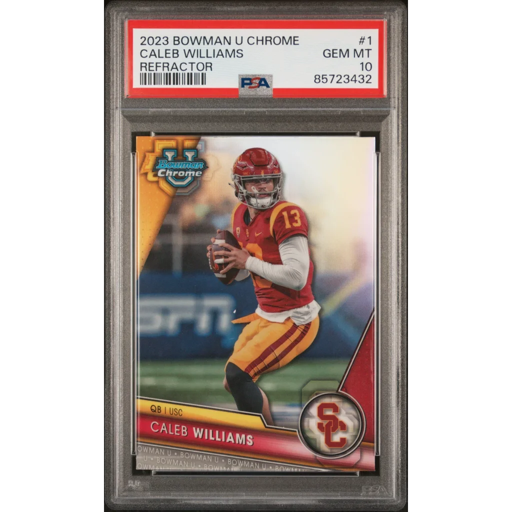 Graded 2023 topps bowman u chrome refractor rookie football card featuring caleb williams in usc uniform psa 10 gem mint