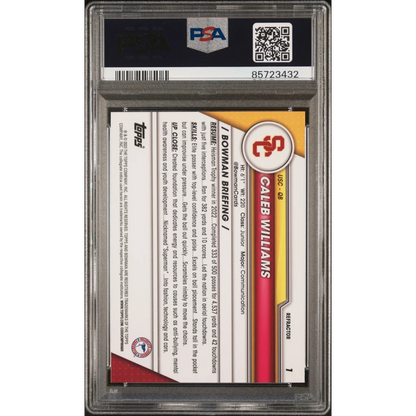 Psa graded 2023 topps bowman u chrome caleb williams refractor rookie football card with usc trojans logo and stats