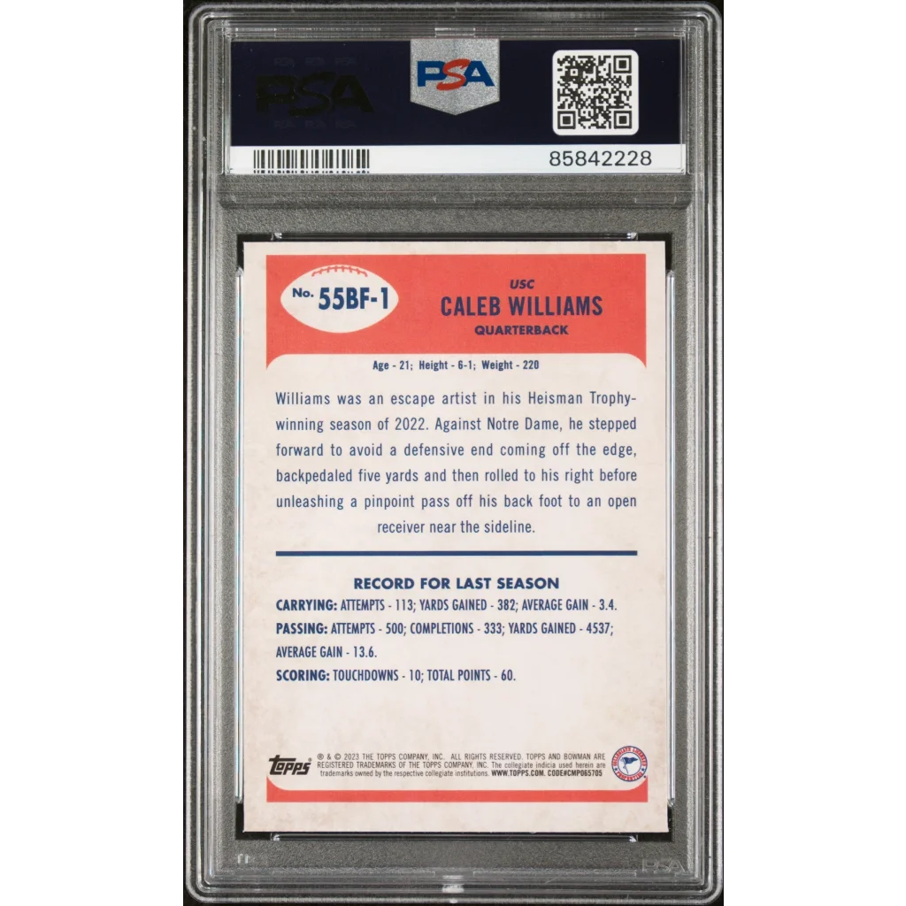 Graded 2023 Topps Bowman U Chrome Caleb Williams #55BF1 1955 Bowman Rookie RC Football Card PSA 10 Gem Mint | PSA 10 Gem Mint Graded Rookie Card | vintageantiquesgifts.com