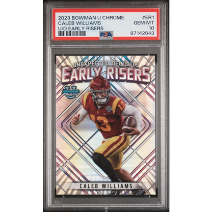 A graded 2023 Bowman U Chrome Caleb Williams Early Risers football card in GEM MT 10 condition