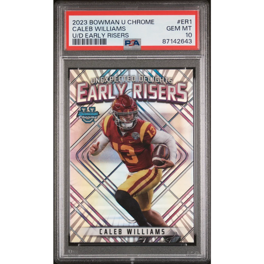 A graded 2023 Bowman U Chrome Caleb Williams Early Risers football card in GEM MT 10 condition