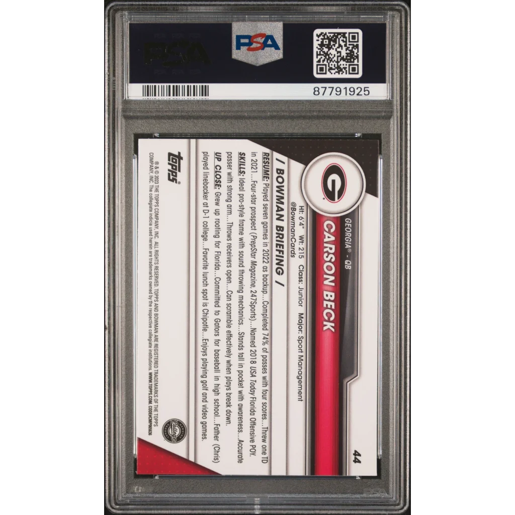 Graded 2023 Topps Bowman U Chrome Carson Beck #44 Xfractor Rookie RC Football Card PSA 10 Gem Mint | PSA 10 Gem Mint Graded Rookie Card | vintageantiquesgifts.com