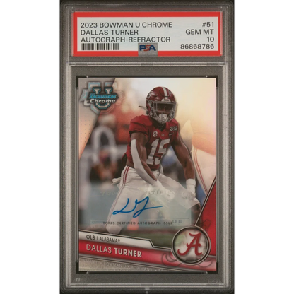 Graded 2023 Topps Bowman U Chrome Dallas Turner #51 Auto Refractor #/499 Rookie RC Football Card PSA 10 | Hall of Fame Sports Memorabilia | vintageantiquesgifts.com