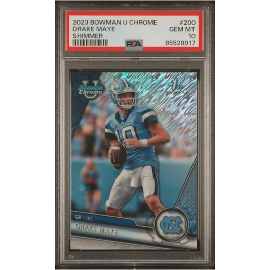 Graded 2023 Topps Bowman U Chrome Drake Maye #200 Shimmer Rookie RC Football Card PSA 10 Gem Mint | Hall of Fame Sports Memorabilia | vintageantiquesgifts.com