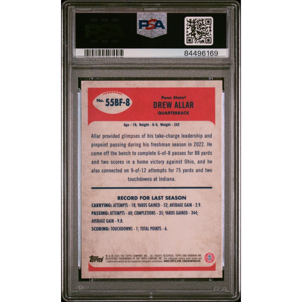 Graded 2023 Topps Bowman U Chrome Drew Allar #55BF8 1955 Bowman Rookie RC Football Card PSA 10 Gem Mint | PSA 10 Gem Mint Graded Rookie Card | vintageantiquesgifts.com