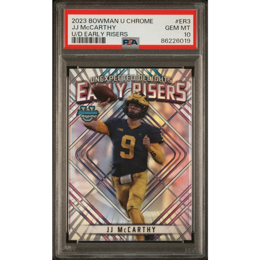 PSA Graded JJ McCarthy Early Risers Football Trading Card on display