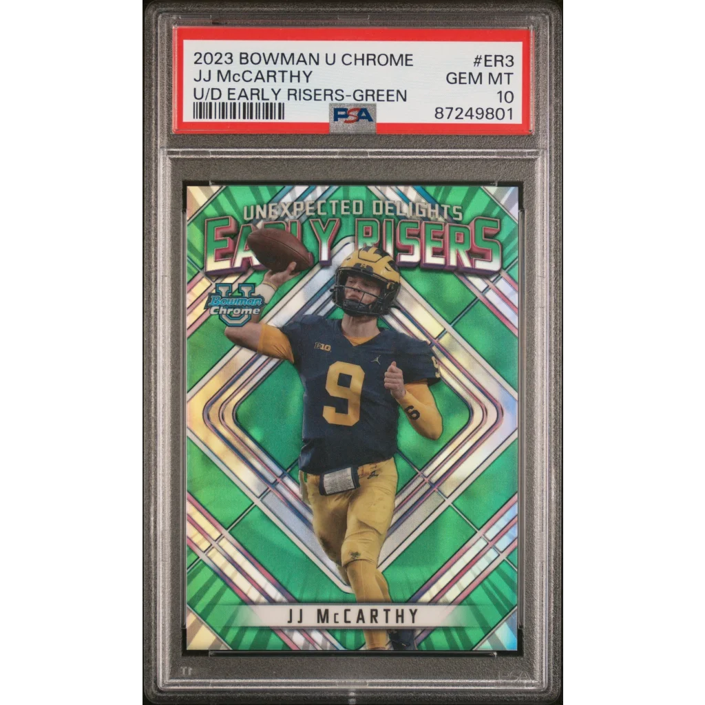 PSA Graded JJ McCarthy 2023 Bowman Chrome Football Card in great condition