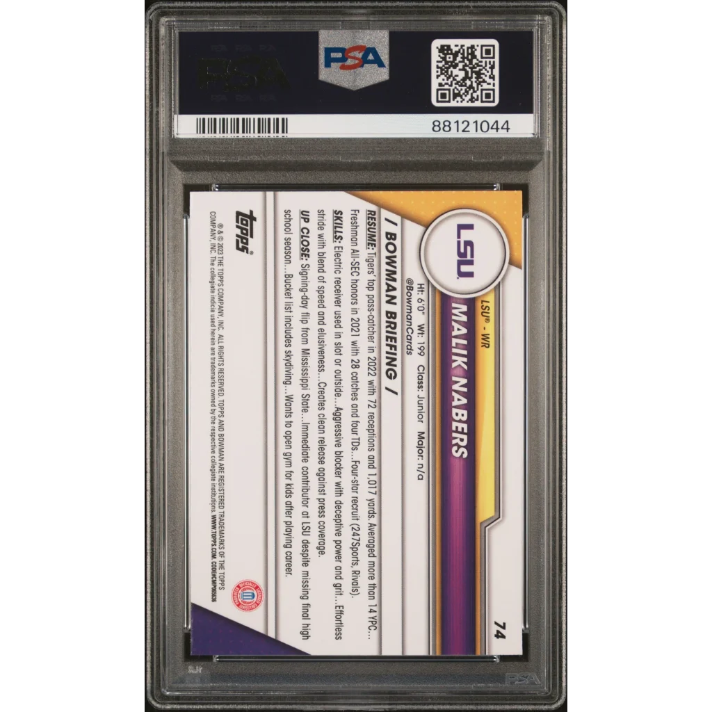 PSA graded Malik Nabers LSU football card with purple shimmer from Bowman collection