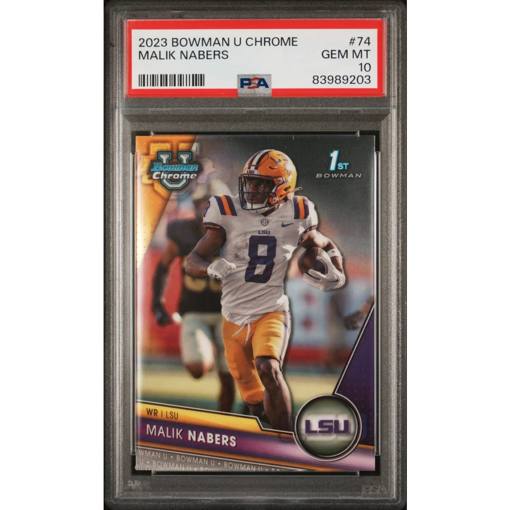 PSA graded 2023 Bowman U Chrome Malik Nabers rookie football card on display
