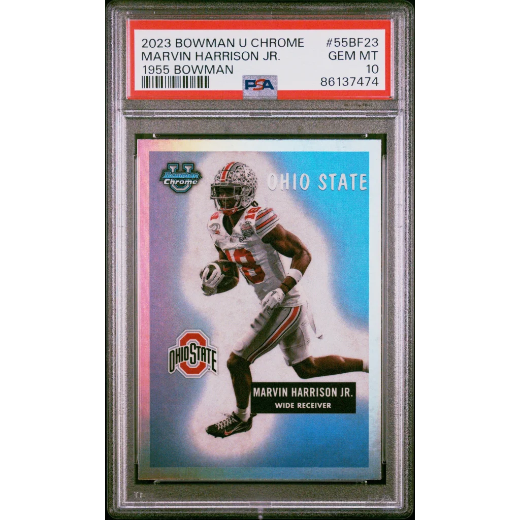 PSA graded Marvin Harrison Jr Topps Bowman gem mint football card showcasing professional sports memorabilia