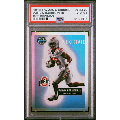 PSA graded Marvin Harrison Jr Topps Bowman gem mint football card showcasing professional sports memorabilia