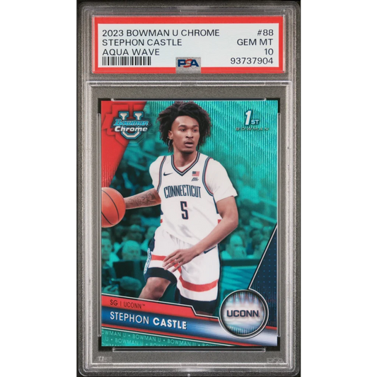 PSA graded Stephon Castle Aqua Wave Chrome Rookie Card from professional sports authenticator