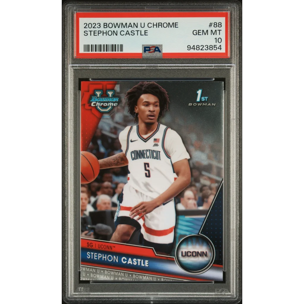 Graded 2023 Topps Bowman U Chrome Stephon Castle rookie basketball card in white Connecticut jersey PSA 10 gem mint