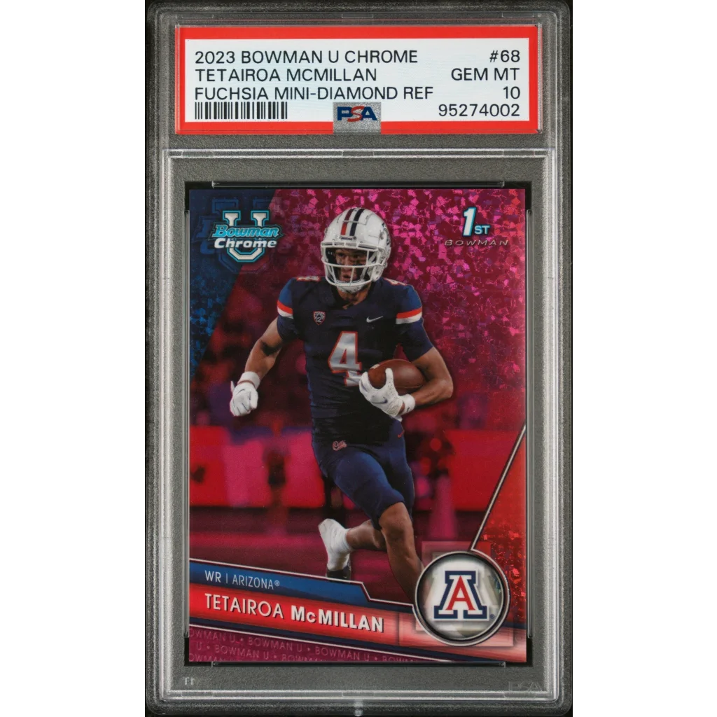 Graded 2023 Topps Bowman U Chrome Tetairoa McMillan #68 Fuchsia Mini Diamond Refractor #/150 Rookie RC Football Card PSA 10 Gem Mint | Hall of Fame Sports Memorabilia | vintageantiquesgifts.com