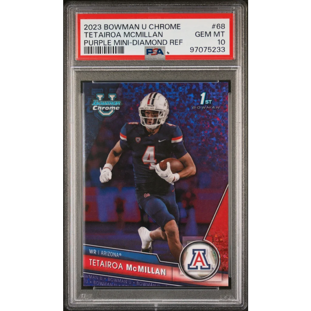 Graded 2023 Topps Bowman U Chrome Tetairoa McMillan #68 Purple Mini Diamond Refractor #/399 Rookie RC Football Card PSA 10 Gem Mint | Hall of Fame Sports Memorabilia | vintageantiquesgifts.com