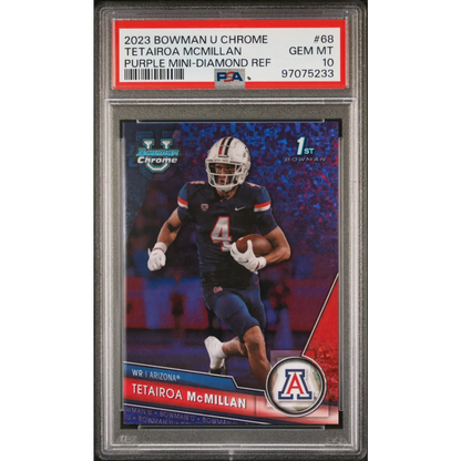 Graded 2023 Topps Bowman U Chrome Tetairoa McMillan #68 Purple Mini Diamond Refractor #/399 Rookie RC Football Card PSA 10 Gem Mint | Hall of Fame Sports Memorabilia | vintageantiquesgifts.com