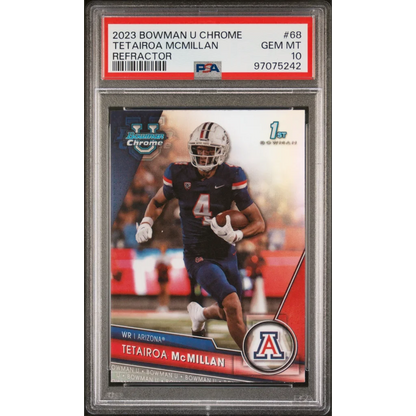 Graded 2023 Bowman U Chrome Tetairoa McMillan Refractor Football Card in PSA case