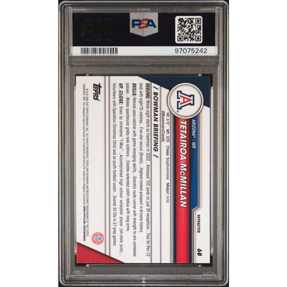 A graded T McMillan 2023 Bowman Chrome Refractor football trading card displayed in a product image