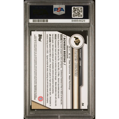 PSA graded 2023 Bowman Chrome Travis Hunter Pink Baseball Card in protective case