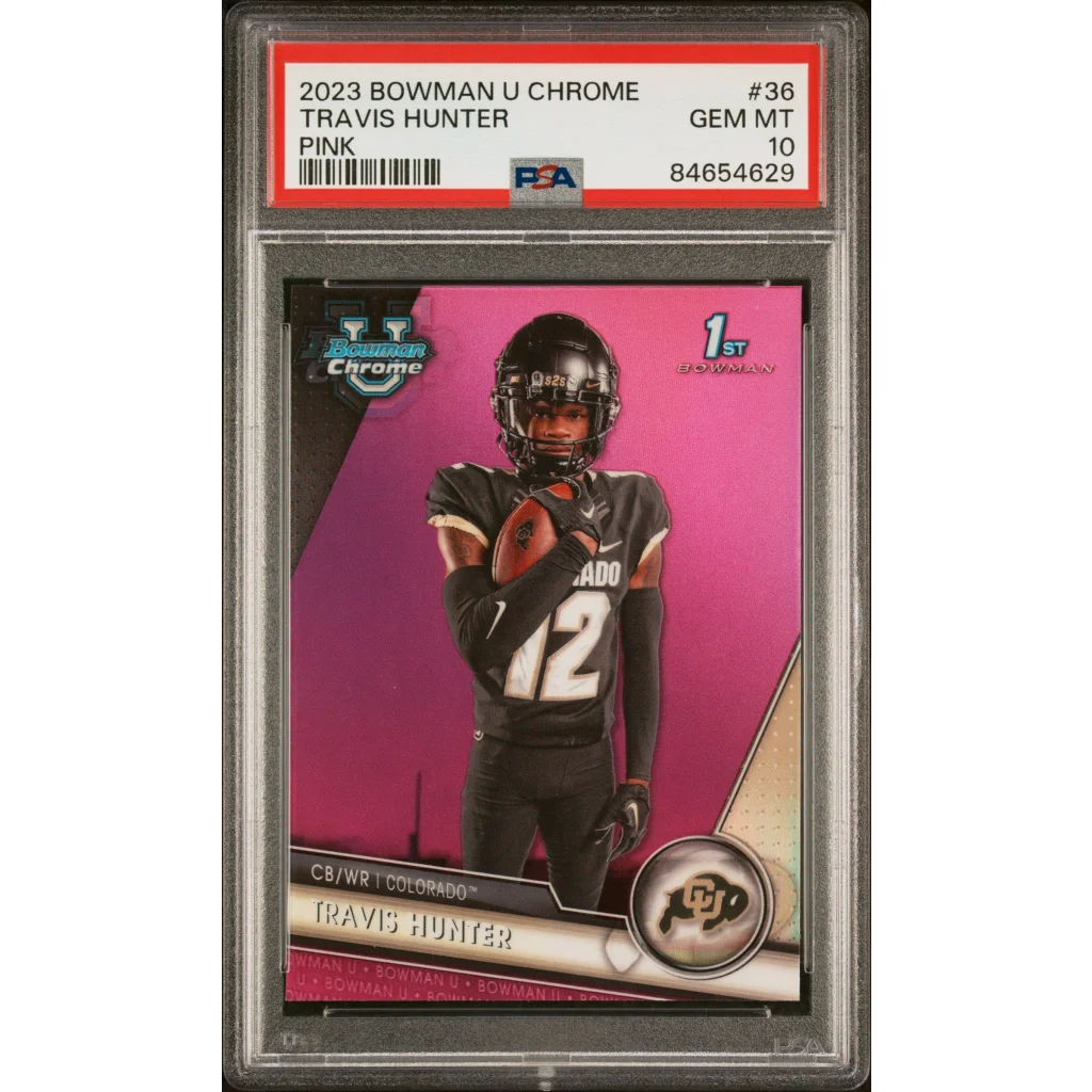 PSA Graded 2023 Bowman Chrome Travis Hunter Pink Baseball Card showing vibrant design