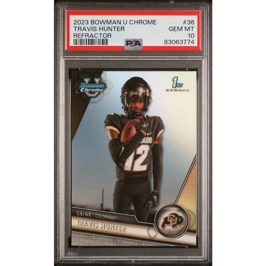 Graded 2023 Topps Bowman U Chrome Travis Hunter #36 Refractor Rookie RC Football Card PSA 10 Gem Mint | Hall of Fame Sports Memorabilia | vintageantiquesgifts.com