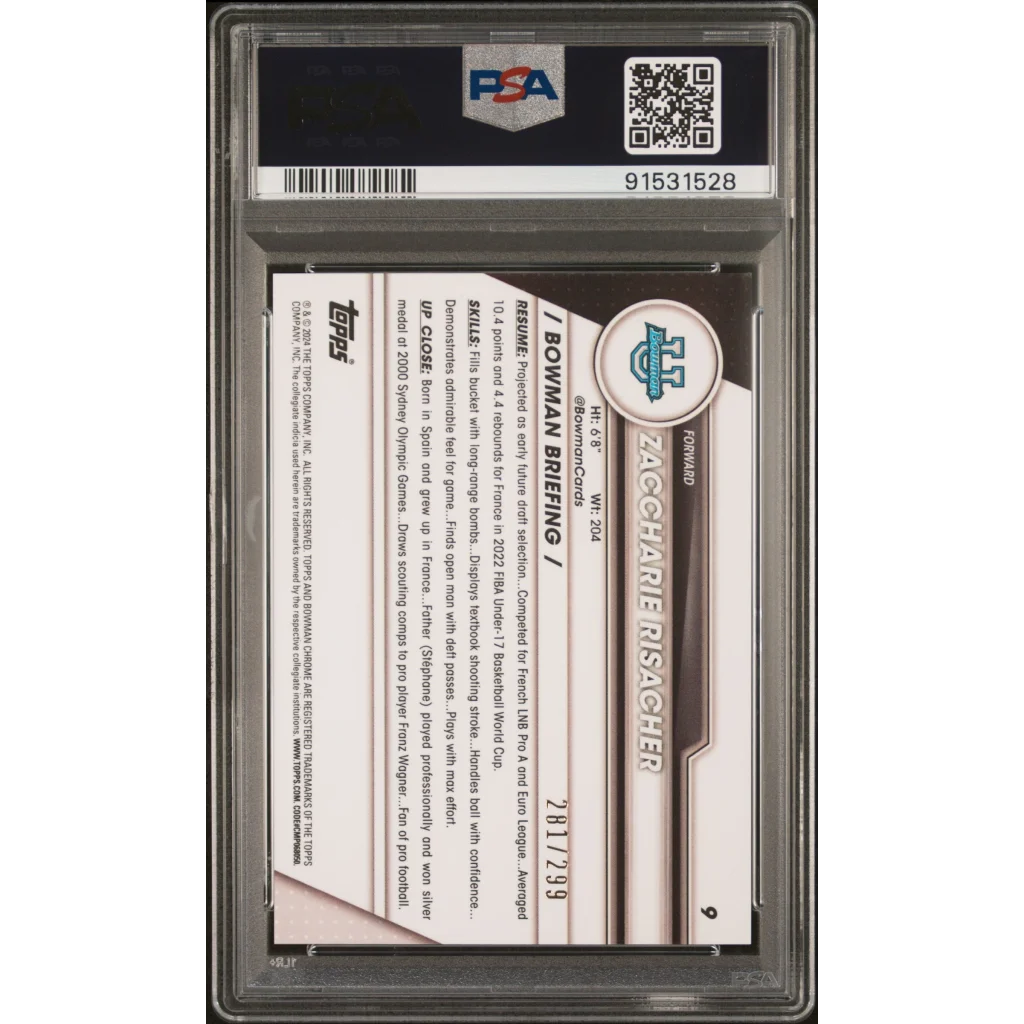 Back of PSA 10 Graded 2023 Topps Bowman Chrome Zaccharie Risacher #9 Aqua Wave Rookie Card