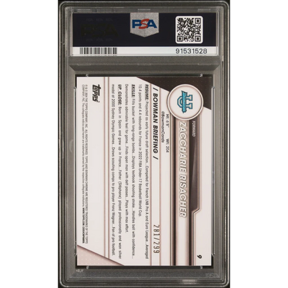 Back of PSA 10 Graded 2023 Topps Bowman Chrome Zaccharie Risacher #9 Aqua Wave Rookie Card