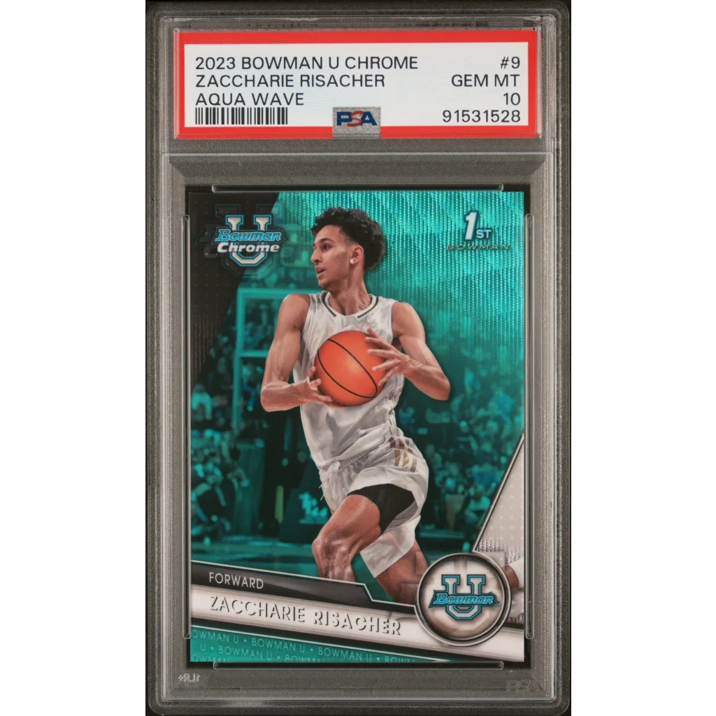 PSA graded Zaccharie Risacher Aqua Wave Chrome basketball card from professional sports authenticator