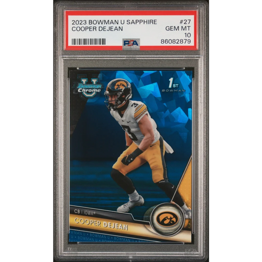 A graded 2023 Bowman U Sapphire Cooper DeJean football card in PSA collection