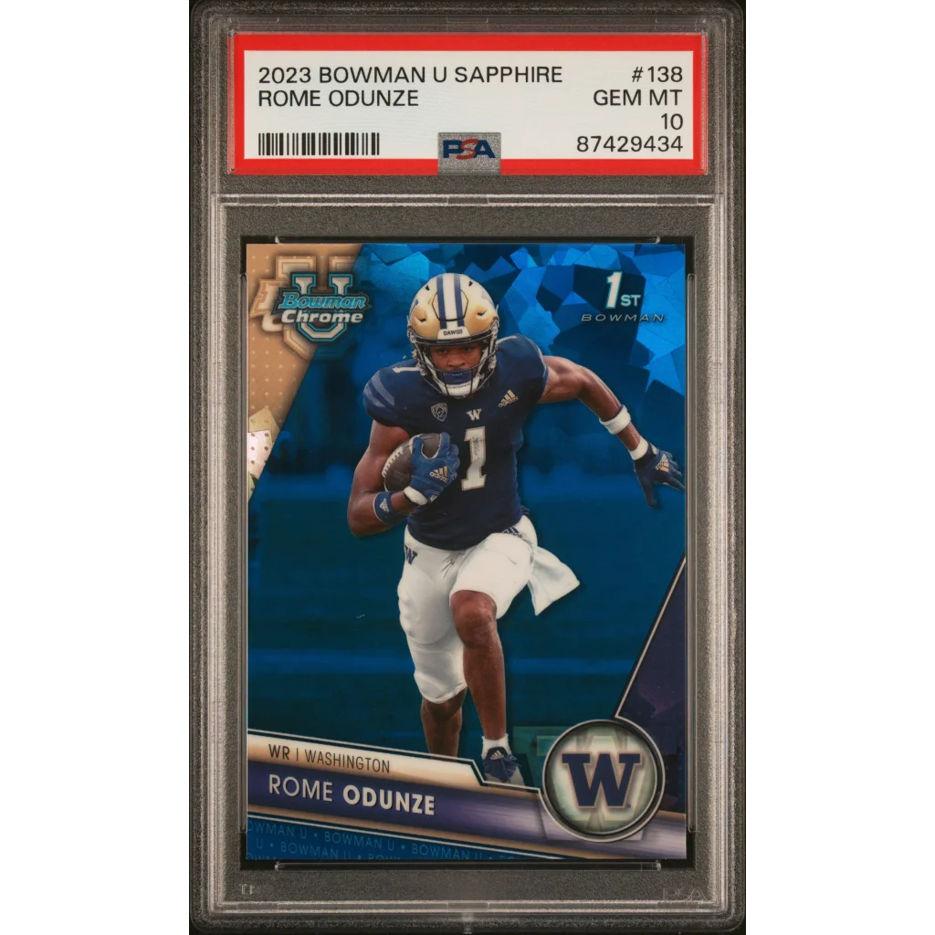 Graded 2023 Topps Bowman U Sapphire Rome Odunze #138 Rookie RC Football Card PSA 10 Gem Mint | Hall of Fame Sports Memorabilia | vintageantiquesgifts.com