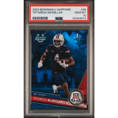 PSA graded sapphire Tetairoa McMillan rookie card showing its great condition and shine