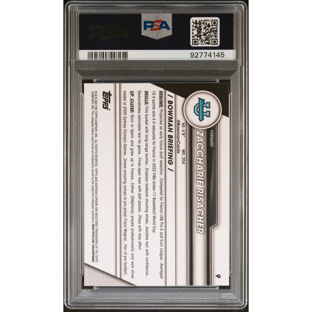 Graded 2023 Topps Bowman U Sapphire Zaccharie Risacher #9 Rookie RC Basketball Card PSA 10 Gem Mint | PSA 10 Gem Mint Graded Rookie Card | vintageantiquesgifts.com
