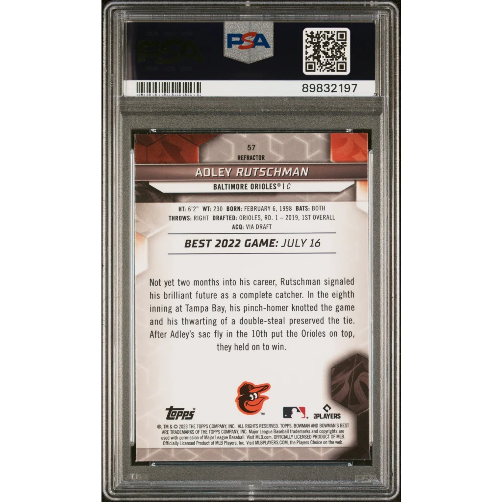 Graded 2023 Topps Bowmans Best Adley Rutschman #57 Refractor Rookie RC Baseball Card PSA 10 Gem Mint | PSA 10 Gem Mint Graded Rookie Card | vintageantiquesgifts.com