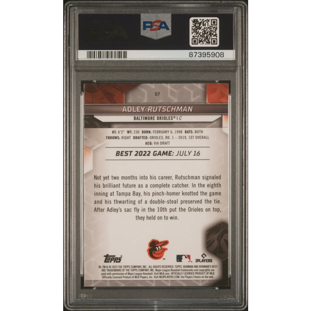 Graded 2023 Topps Bowmans Best Adley Rutschman #57 Rookie RC Baseball Card PSA 10 Gem Mint | PSA 10 Gem Mint Graded Rookie Card | vintageantiquesgifts.com