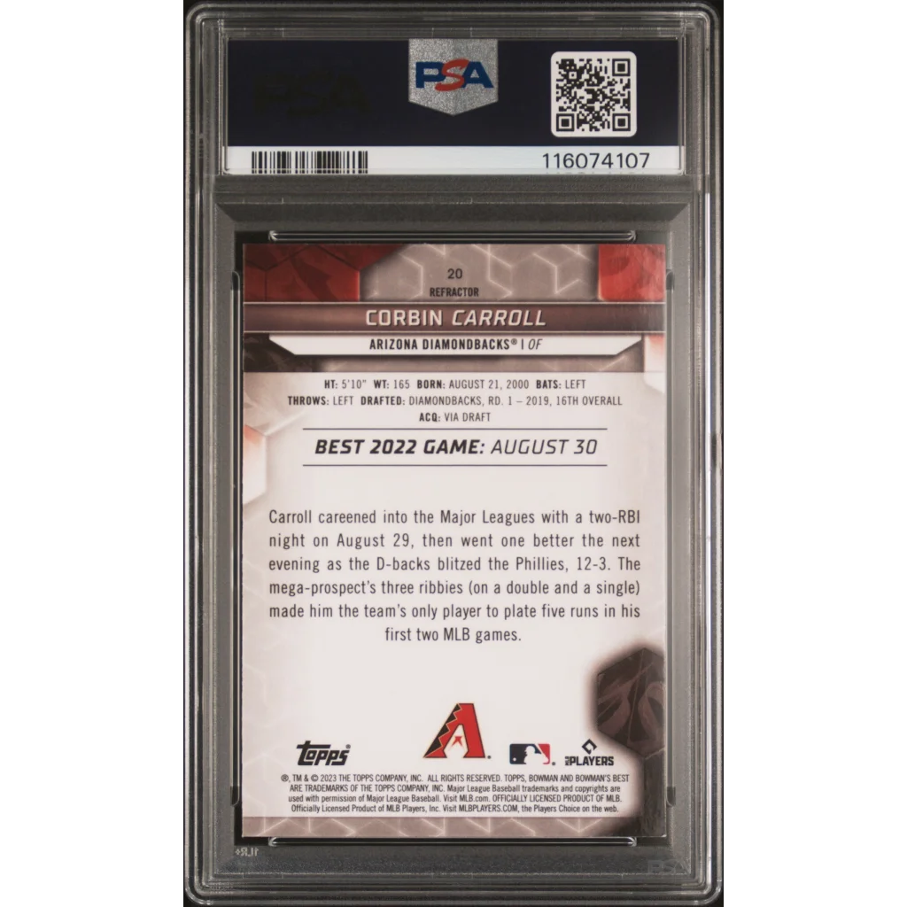 Graded 2023 Topps Bowmans Best Corbin Carroll #20 Refractor Rookie RC Baseball Card PSA 10 Gem Mint | PSA 10 Gem Mint Graded Rookie Card | vintageantiquesgifts.com