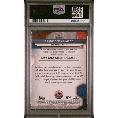 Graded 2023 Topps Bowmans Best Francisco Alvarez #47 Refractor Rookie RC Baseball Card PSA 10 Gem Mint | PSA 10 Gem Mint Graded Rookie Card | vintageantiquesgifts.com