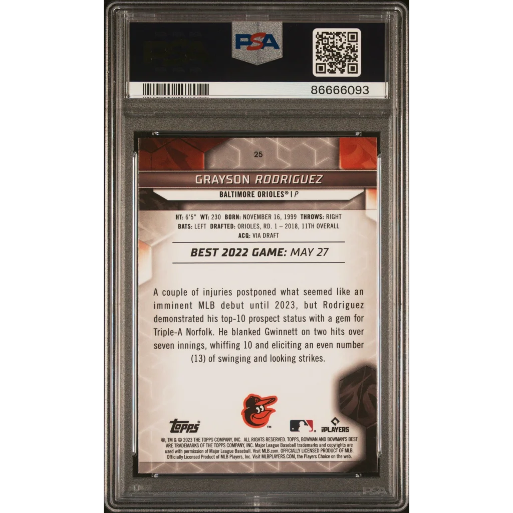 Graded 2023 Topps Bowmans Best Grayson Rodriguez #25 Rookie RC Baseball Card PSA 10 Gem Mint | PSA 10 Gem Mint Graded Rookie Card | vintageantiquesgifts.com
