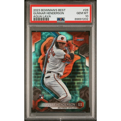 PSA Graded Gunnar Henderson 2023 Bowman’s Best Aqua Lava baseball card image