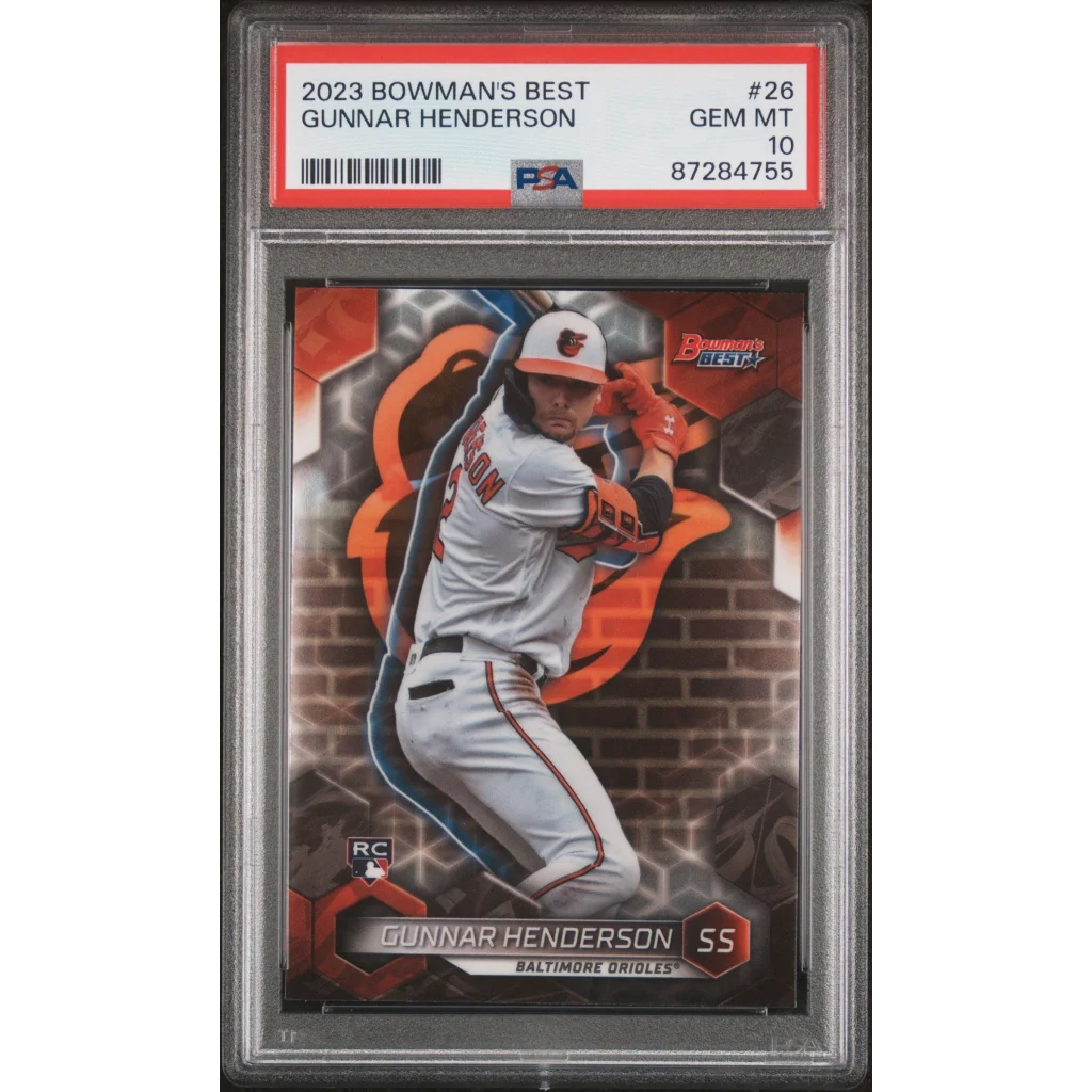 PSA Graded 2023 Bowman’s Best Gunnar Henderson baseball card on display