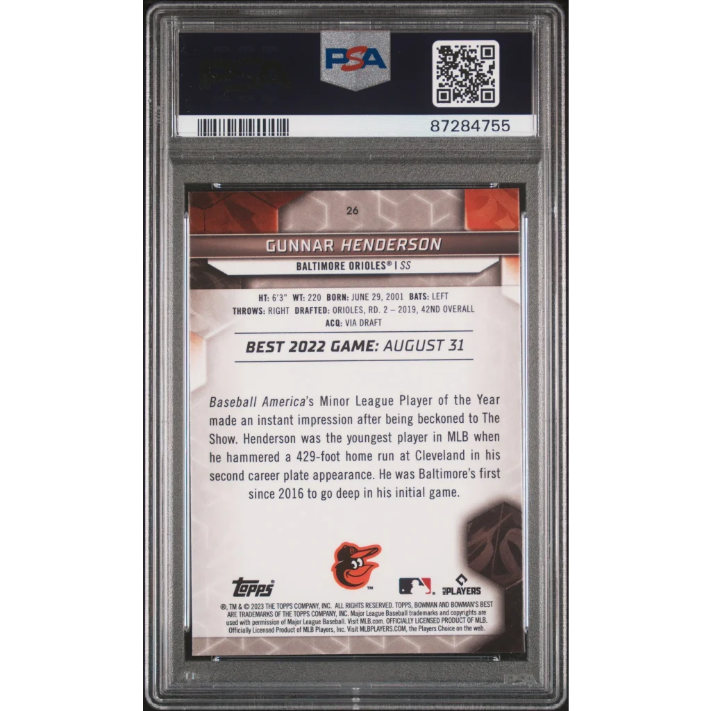 PSA graded 2023 Bowman’s Best Gunnar Henderson baseball card on display