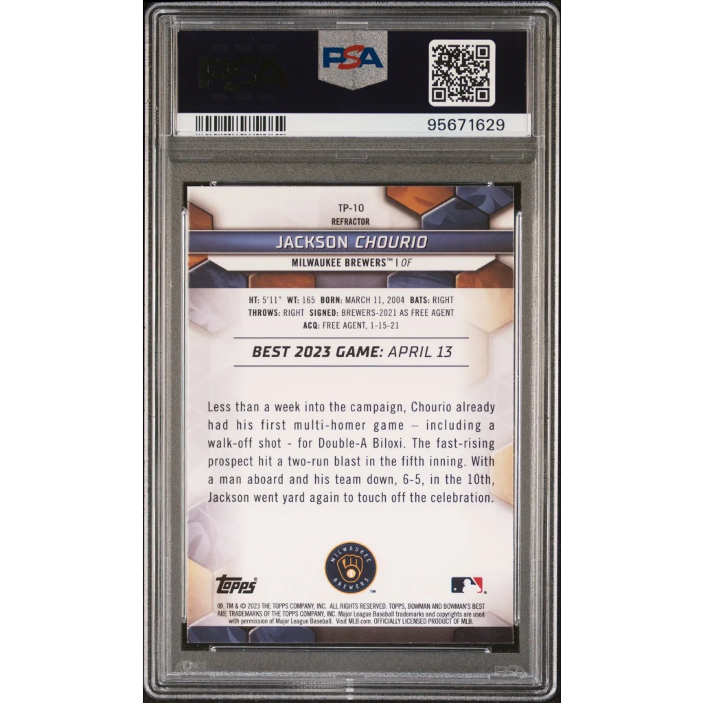 Graded 2023 Topps Bowmans Best Jackson Chourio #TP10 Top Prospects Refractor Rookie RC Baseball Card PSA 10 Gem Mint | PSA 10 Gem Mint Graded Rookie Card | vintageantiquesgifts.com