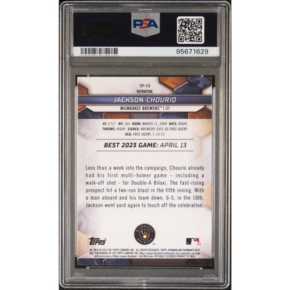 Graded 2023 Topps Bowmans Best Jackson Chourio #TP10 Top Prospects Refractor Rookie RC Baseball Card PSA 10 Gem Mint | PSA 10 Gem Mint Graded Rookie Card | vintageantiquesgifts.com
