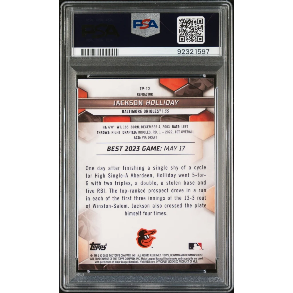 Graded 2023 Topps Bowmans Best Jackson Holliday #TP12 Top Prospects Refractor Rookie RC Baseball Card PSA 10 Gem Mint | PSA 10 Gem Mint Graded Rookie Card | vintageantiquesgifts.com