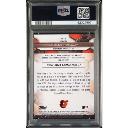 Graded 2023 Topps Bowmans Best Jackson Holliday #TP12 Top Prospects Refractor Rookie RC Baseball Card PSA 10 Gem Mint | PSA 10 Gem Mint Graded Rookie Card | vintageantiquesgifts.com