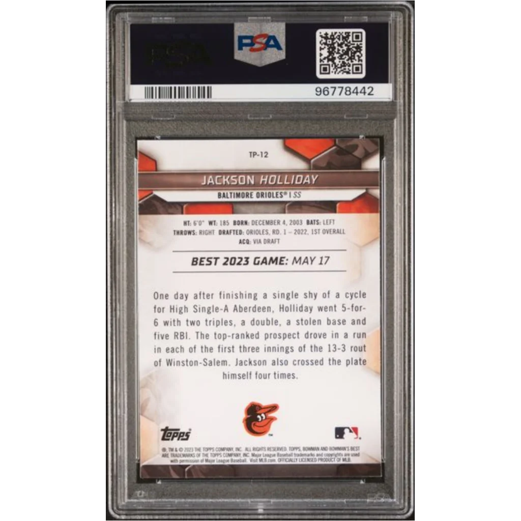 This is a psa graded baseball trading card featuring jackson holliday of the baltimore orioles, encased in clear protective packaging with printed details and team branding.